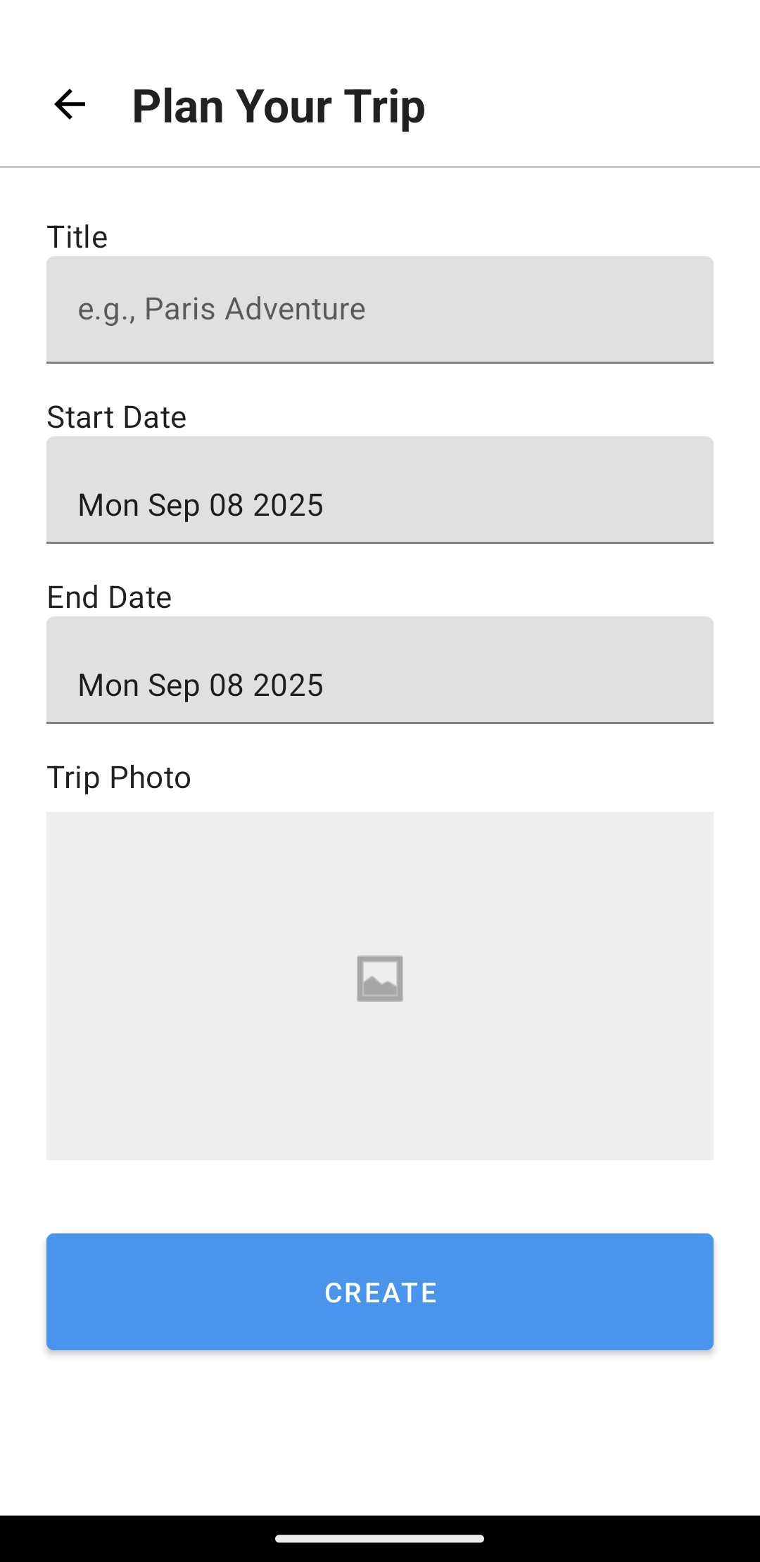 Itinerary Planner new plan screen