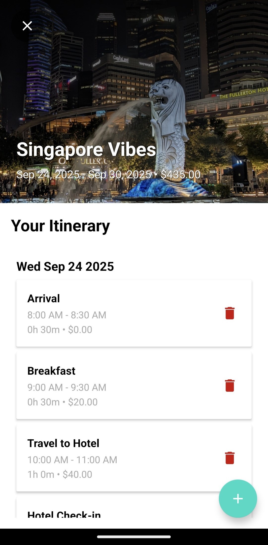 Itinerary Planner plan details screen