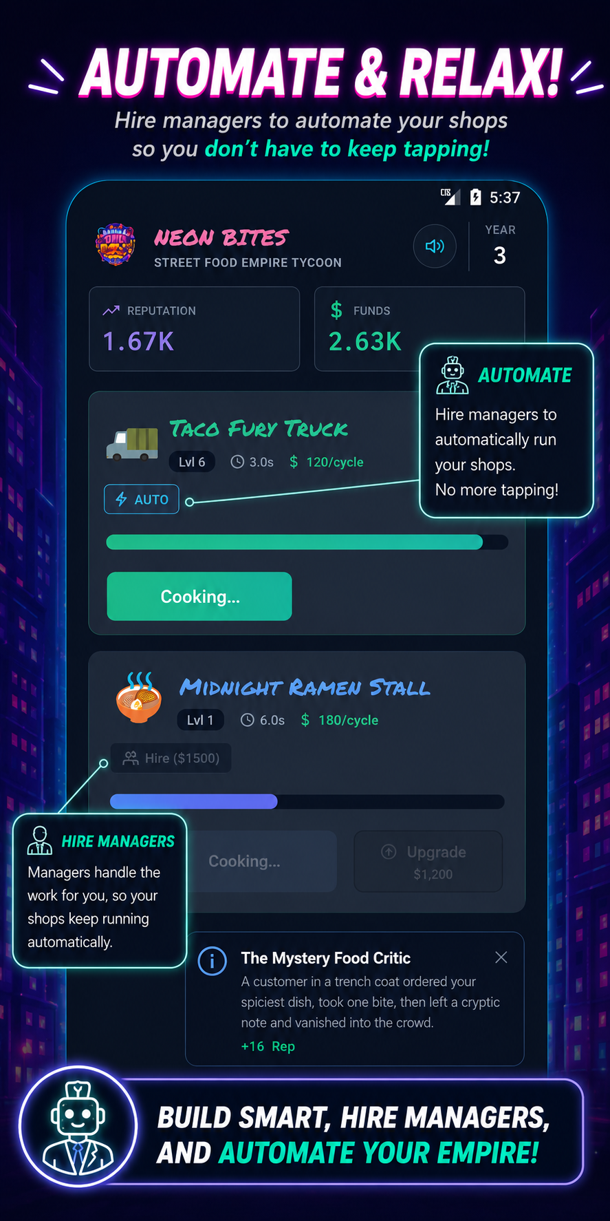 Neon Bites Tycoon — automate with managers